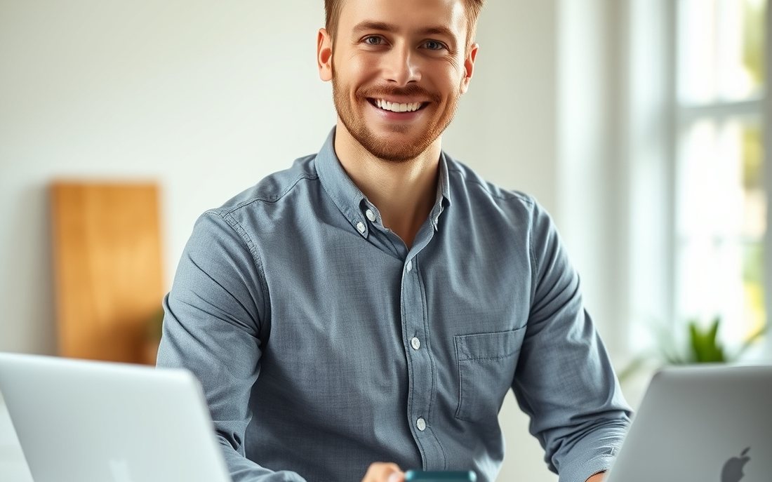 Life insurance agent smiling at desk with laptop and phone
